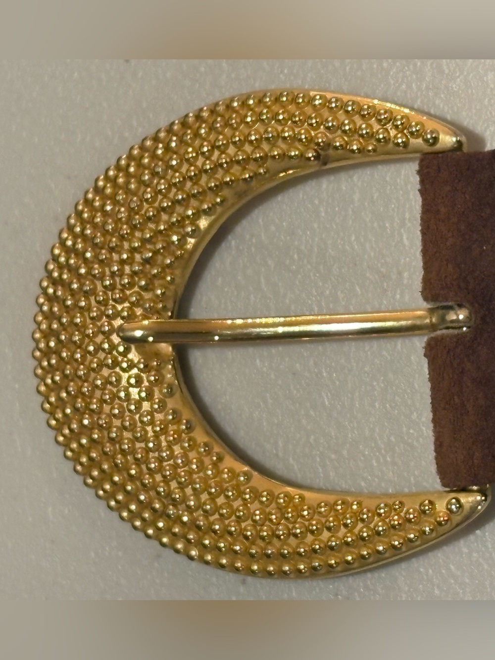 vintage Morgan Taylor belt buckle paired with a brown suede strap